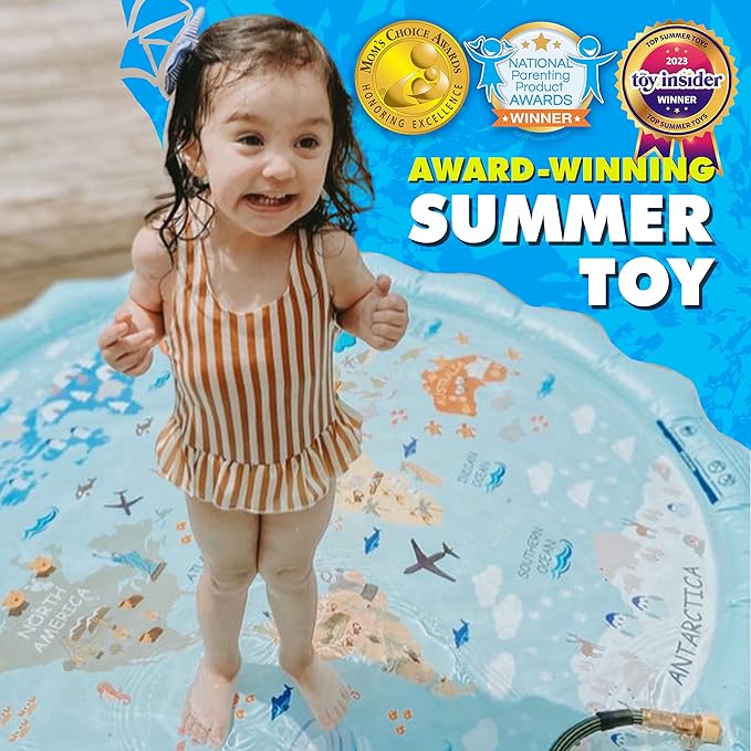 SplashEZ 3-in-1 Splash Pad, Sprinkler for Kids and Baby Pool for Learning – Children’s Sprinkler Pool, 60’’ Inflatable Water Summer Toys – “Around The World” Outdoor Play Mat for Babies & Toddlers