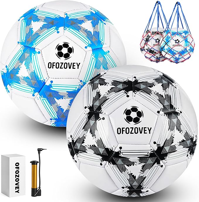 Soccer Ball Size 3,4,5 Two Pack,Classic Indoor Outdoor Soccer with 1 Pump 2 Net Bag and 2 Needle,Long-Lasting for Training, Games, Outdoor & Indoor Play Ideal Gift for Boys Girls Youth Adult