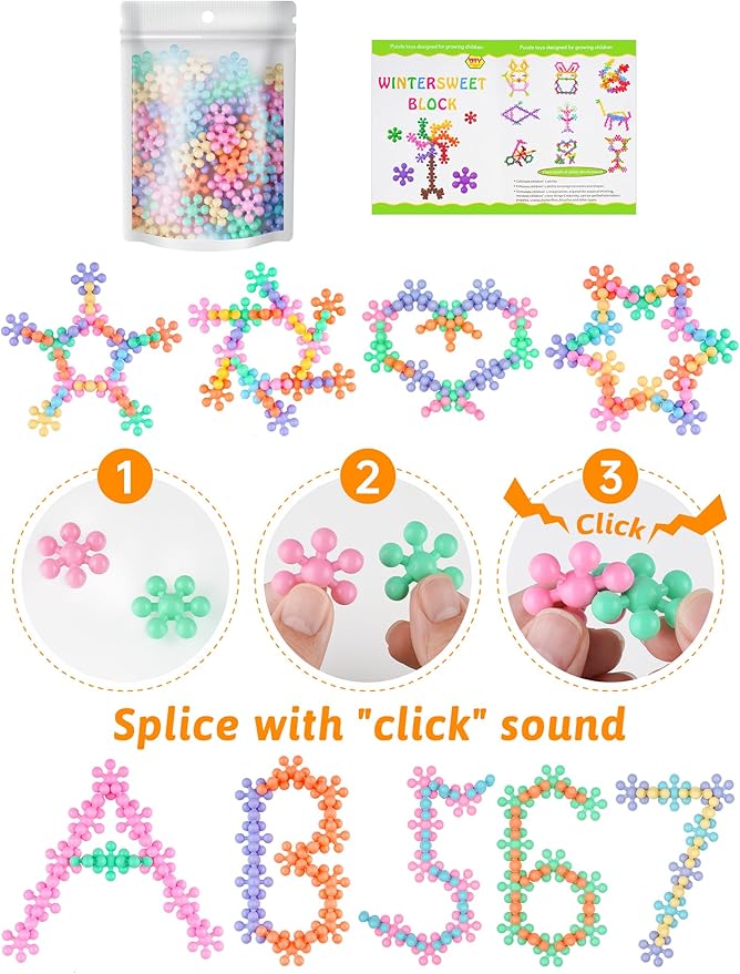 Snowflake Interlocking Building Block Educational Toy 100PCS for Kids Ages 3+, Multi-Color Solid Plastic Early Learning Creativity STEM Toy with Carrying Case Safe Material (Macaron Colors)