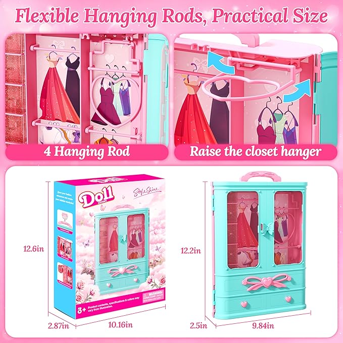 Style Shine 70 Pcs Doll Closet with Clothes & Accessories Set,2 Wedding Gowns 6 Fashion Dresses 2 Casual Outfits 2 Swimsuit 10 Shoes 20 Hanger 27 Accessories,Dress up Toys for Girls Kids Birthday Gift