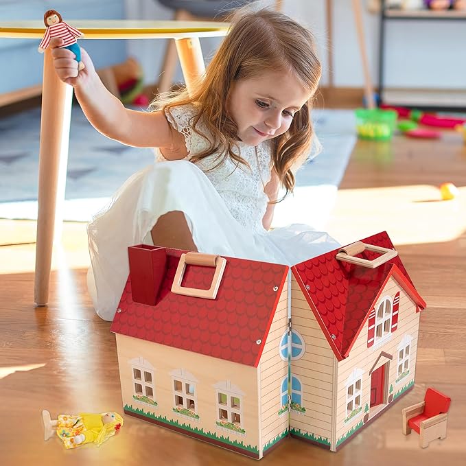 WOODMAM Foldable Wooden Dollhouse with 13PCS Furniture, 4 Rooms and 2 Flexible Dolls, Pretend Play Doll House Set with Portable Handle, Christmas Birthday Gift for Boys Girls Age 3+, Cottage