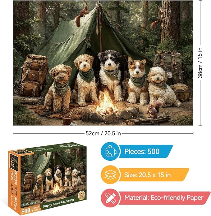 500 Pieces Puzzle for Adults, Puzzles for Adults 500 Pieces, Forest Dogs Camping Jigsaw Puzzle, Challenging Puzzle Perfect for Game Nights, 20.5 X 15 in