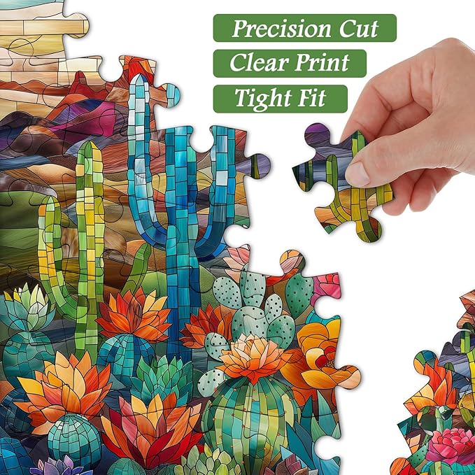 Cactus Puzzles for Adults 1000 Pieces and up, PICKFORU Stained Glass Puzzle Including Mosaic Art Cactus, Colorful Succulent Puzzles for Plant Lovers