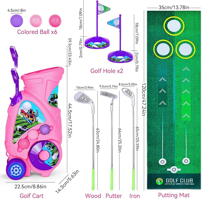 Toddler Golf Set with Shoulder Strap for Kids Ages 2-5, Portable Golf Clubs, Cart & Putting Mat - Indoor Outdoor Sports Toys -Pink