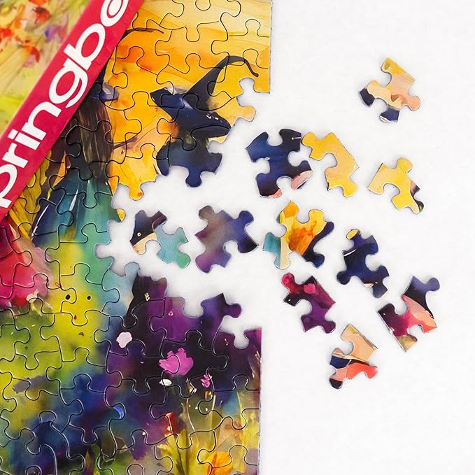 Springbok's Witches Gathering 500 Piece Puzzle for Adults is a Watercolor Image of Witches Gathering in a Blossoming Field