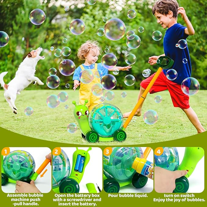 Snail Bubble Mower Toy for Kids（Age 3 up） – Includes 4oz Bubble Solution, Outdoor Bubble Machine for Kids, Light-Up 3D Push Bubble Machine, Great for Parties, Summer Toy, Easter, Birthday Gift