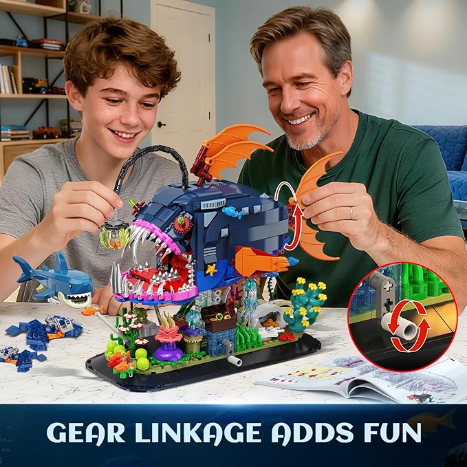 Mechanical Angler Fish Building Set with Lights, Movable Lantern Fish Building Blocks Toy with Shark Jellyfish, 1139 PCS Ocean Animal Building Kit, Home Decor Gift for Adults Teens Boys 12+
