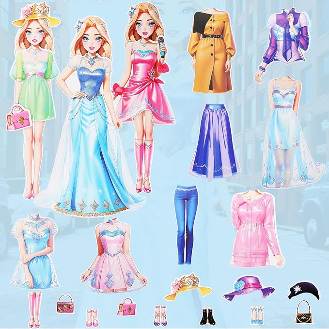 PainZieteg Magnetic Dress Up Dolls, Magnetic Princess Dress Up Paper Dolls, Magnetic Dress Up Dolls for Girls Ages 4-10 Learning Created Imagine Set Birthday Gift (Amy)