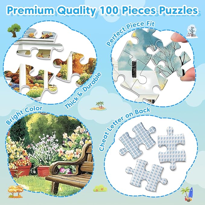 4 Pack 100 Piece Puzzles for Seniors, Four Seasons Jigsaw Puzzles for Elderly Large Piece Puzzle for Adults & Kids Ages 4-6 6-8 8-10, Easy Beginner Puzzle Family Educational Toy Gift