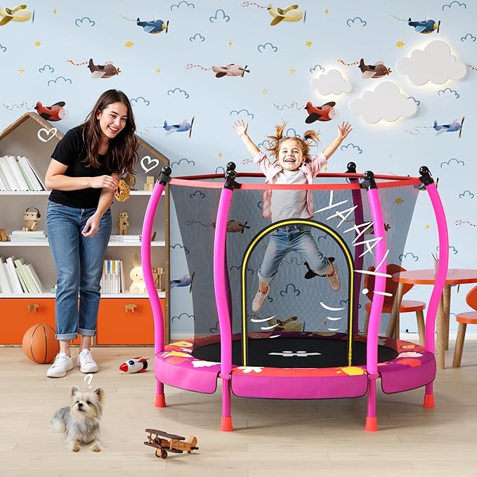 Happin® 55’’ Trampoline for Kids with Safety Enclosure, Indoor & Outdoor Toddler Trampoline, Ultra Safe Design with Multi Activity Accessories, Perfect Toddler Gift for Boys & Girls Ages 1–8