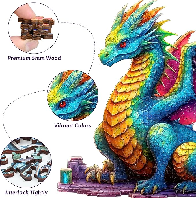 210 PCS Wooden Jigsaw Puzzle for Adults – Colorful Dragon Shape Puzzles, Unique Animal Shape Wooden Puzzle, Challenging Brain Teaser Gift for Adults, Art Puzzles Gifts for Friends Family (Dragon)