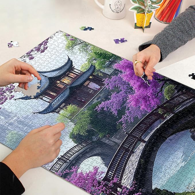 PICKFORU Plum Blossom Dreamscape Puzzles for Adults 1000 Pieces, Vintage Flower Tree Scenery Puzzles, Impossible Unique Lake Park Theme as Home Decor