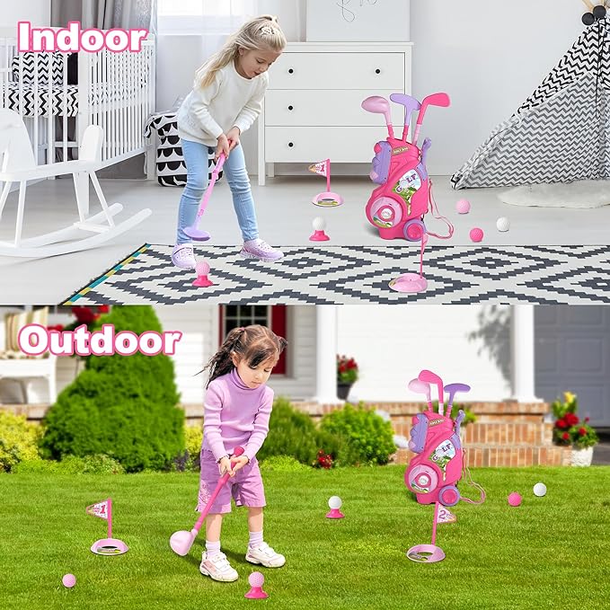 Toddler Golf Set for Girls Boys 1 2 3 4 Years Old, Upgraded Kids Golf Cart with 3 Clubs & 8 Balls, Outdoor Indoor Sports Toys Birthday Gift, Pink