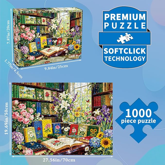 1000 Piece Jigsaw Puzzle for Adults- Enchanted Library Floral Garden Art – Challenging Paper Puzzle with Vibrant Books Flowers & Nature Details | Perfect for Game Nights Home Decor Book Lover Gifts