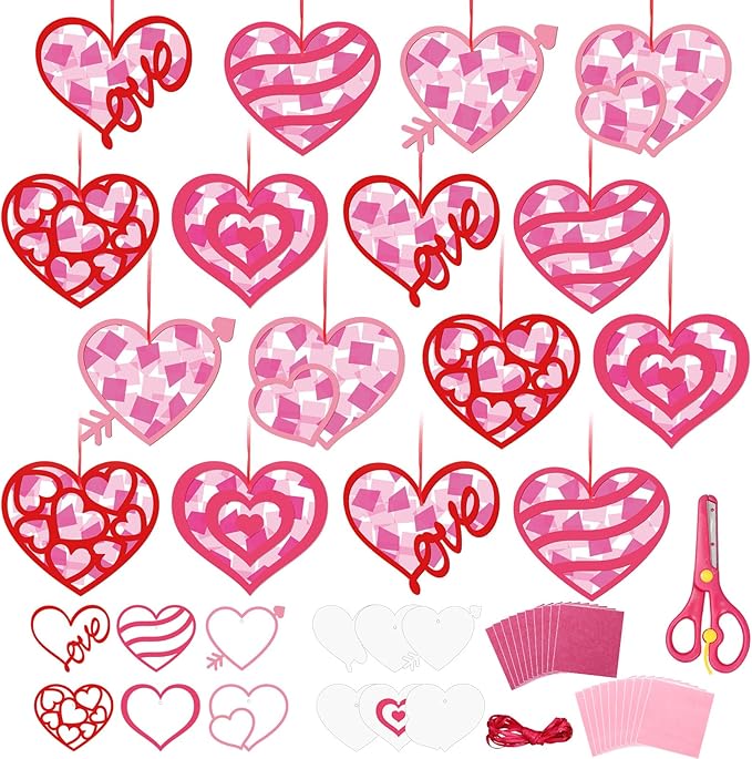 Feifeiya 24 Sets Valentine's Day Crafts for Kids Pink Heart Suncatcher Stained Glass Effect Tissue Paper Crafts Hanging Ornaments Kit for Valentine Party Favors Classroom DIY Art Project Supplies