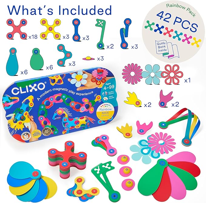 Clixo Rainbow Max 54 Piece Pack - Flexible, Durable, Imagination-Boosting Magnetic Building Toy- Modern, Modular Designs for Hours of STEM Play. A Multi-Sensory Magnet Toy, Travel Friendly. Ages 4-99