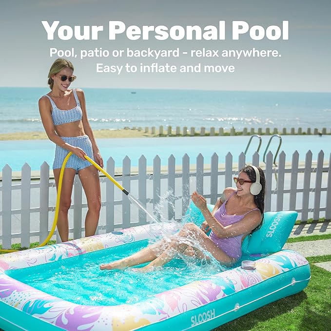 SLOOSH Inflatable Tanning Pool Lounger Float, 85" x 57" Pool Floats Adult with Pillow, 4 in 1 Suntan Tub Raft Floatie,Sunbathing Bed Lounge for Water Blow Up Ball Pit Party Gifts, L-Tropical Blue