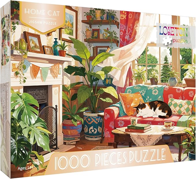 Cat Cozy Puzzles 1000 Piece Jigsaw Puzzle for Adults, Puppy Kitten Plants Jigsaw Puzzles with Letters on Back, Impossible Challenging Hard Colorful Modern Art Puzzles Home Decor, 27.5 x 19.7 Inch