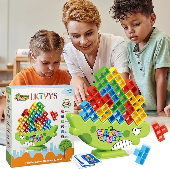 Dinosaur Tower Stack Game, 64PCS Large Smooth Blocks – Vibrant STEM Toy Gift for Kids 3+ & Adults | Stacking Balance Game Builds Focus & Creativity | Ideal for Classroom, Parties & Social Play