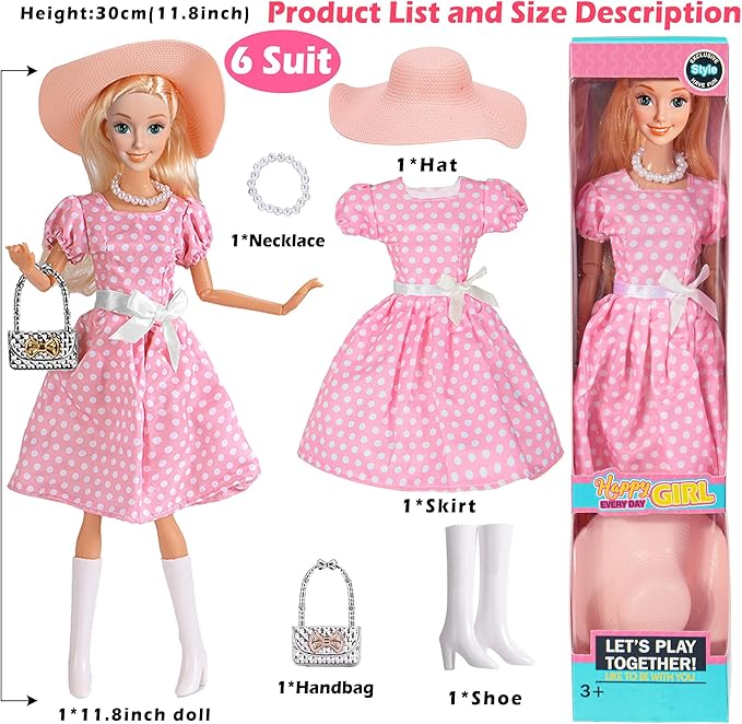 iBayda 6 Pack Fashion 11.5 inch American Toy Prinecess Dolls Playset with Outfits Dress Design and Accessories Like Handbag Hat Crown Necklace Suitcase (Gift Box Package)