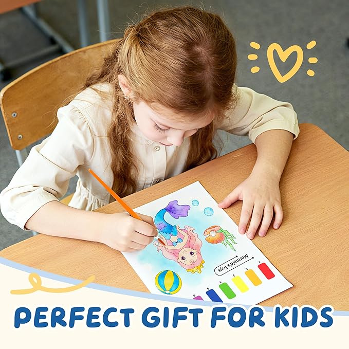 YPLUS Paint with Water Books for Toddlers, Watercolor Painting Paper Gift for Kids Ages 1-3, 2-4, 4-6, Art Craft Gift for Drawing with Brush Christmas Stocking Stuffers for Kids Toddler - Mermaid