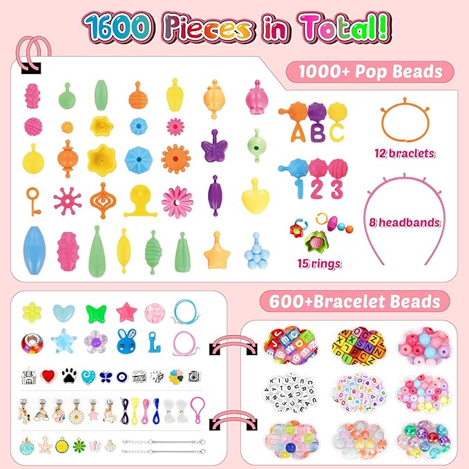 FUNZBO 1600 Pcs Pop Beads with Bracelet Making Kit, Jewelry Making Kit for Little Girls, Arts and Crafts Toys, Necklace Bracelet Ring Snap Set, Easter Birthday Gifts for Kids Ages 3-12 Years Old