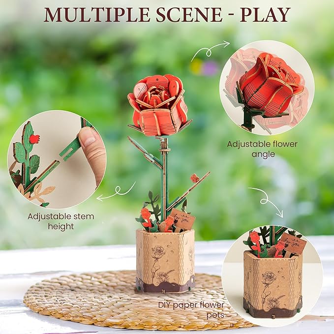 ROBOTIME Red Rose 3D Wooden Flower Puzzle, DIY Craft Kit for Adults, Everlasting Artificial Floral Bouquet, Creative Gift