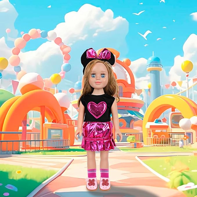 MSYO 18 Inch Doll Clothes & Accessories Set,Black Pink Heart Top & Metallic Pink Skirt Outfit with Mouse Ears Headband,Sunglasses,Socks,Shoes,Necklace,Fits 16-18 Inch Baby Dolls(Rose)