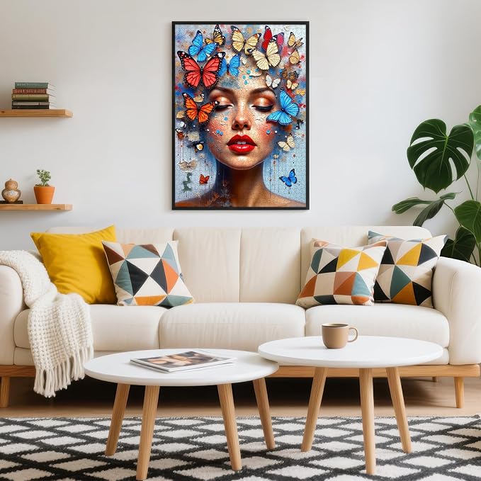 Butterfly Woman Face Puzzles for Adults 1000 Pieces, High Difficulty Surreal Abstract Portrait Art Jigsaw Puzzle with Letters on Back, 20x28 Unique Wall Decor & Family Game, Easter