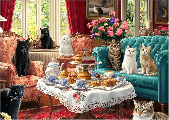 Cat Afternoon Tea Puzzles for Adults 1000 Pieces, Vintage Cat Jigsaw Puzzle with Letters on Back, 28x20 Inch Wall Art, Hard Challenging Family Game, Easter