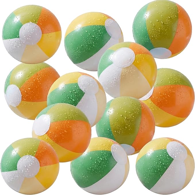Realspring 12 Pcs Pastel Inflatable Beach Balls Kids Bulk Stripe Jumbo Big Beach Balls Pool Floating Toy for Adult Water Game Baby Shower Birthday Summer Swimming Party (Orange and Green,10 Inch)