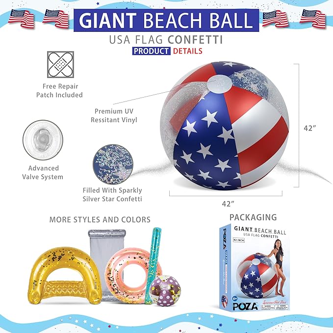 POZA Inflatable Beach Balls - Elegant Glitter Confetti Premium Floaters, Heavy Duty Vinyl Floatation Pool Toys for Pool Beach Party, UV Resistant Pool Décor