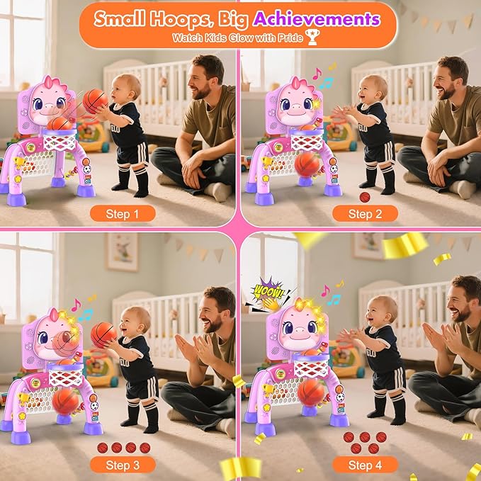 Nicmore Basketball Hoop Toys for Toddlers: Dinosaur Activity Center with Lights Music - Indoor Sports Skills Development - 6, 12, 18, 24+ Month Christmas Birthday Gift for Baby, Boys & Girls