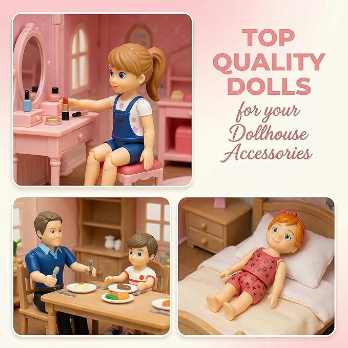 Family Dollhouse People - Bendable Doll House People Figures - 5 Poseable Action Figures Incl. Mom, Dad, Sister, Brother, & Toddler - Small Dolls for Doll-house Designed to Fit Standard Dollhouses