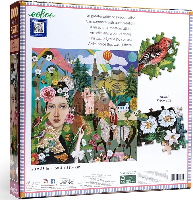 eeBoo Piece & Love: Artist & Daughter - 1000 Piece Puzzle - Adult Square Jigsaw, 23x23, Includes Image Reference Insert, Glossy Pieces