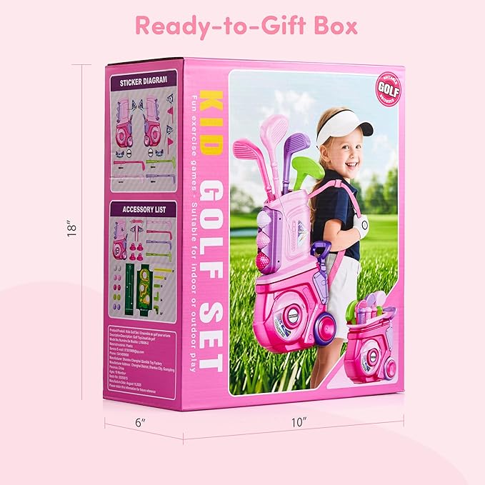 PJG Toddler Golf Set, Plastic Kids Golf Clubs Ages 1 2 3 4 5 Years Old with 4 Golf Clubs and 10 Balls, Indoor and Outdoor Golf Toys with Cart for Boys Girls Birthday Gift (Pink with mat and Cornhole)