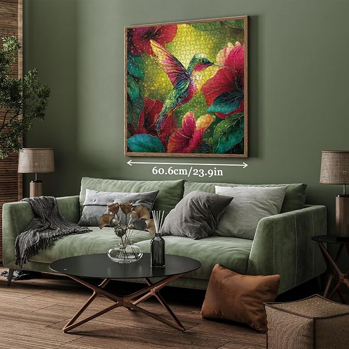 Stained Glass Hummingbird Puzzles for Adults 1000 Pieces, Magic Aesthetic Flower Bird Jigsaw Puzzles, Colorful Art Nature Plant Floral Hibiscus Puzzle