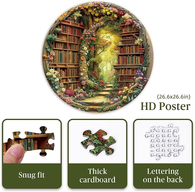Round Jigsaw Puzzle 1000 Pieces - Enchanted Forest Library Design - 26.6" Circular Challenge, Book Lovers Aesthetic Decor, Mindful Activity Gift for Adults & Teens
