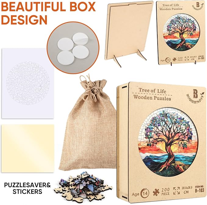 Bodhipnjoy Wooden Puzzles for Adults 500 Pieces, Stained Glass Tree of Life Puzzle, Unique Shape Mosaic Tree Puzzles for Kids, Family Game, Birthday Gifts 16.5 * 16.5 in