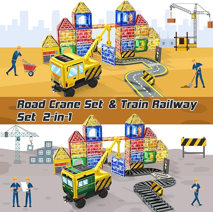 Soyee Magnetic Tiles Magnetic Construction Toys with 2 Cranes Boys Toys for Ages 3-5 5-7 Magnet Building Blocks Chritmas Gifts Boys Sensory Autism Montessori Toys Gift for 3+ Year Old