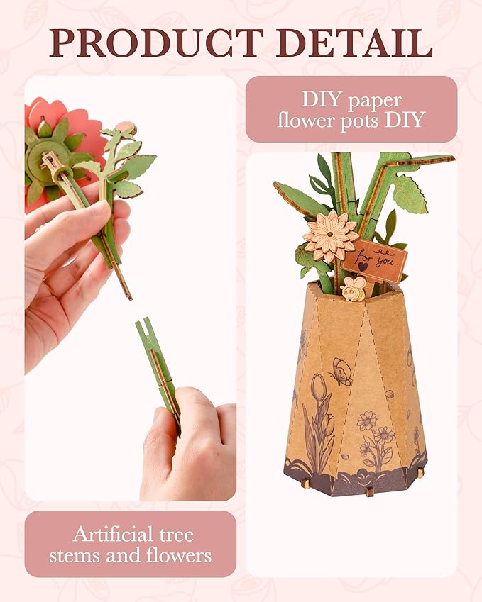 ROBOTIME Pink Dahlia 3D Wooden Puzzle - DIY Flower Craft Kit for Adults, Buildable Artificial Dahlia Model, Valentine's Day Gift for Her, Home Office Decor, Birthday Mother's Day Present