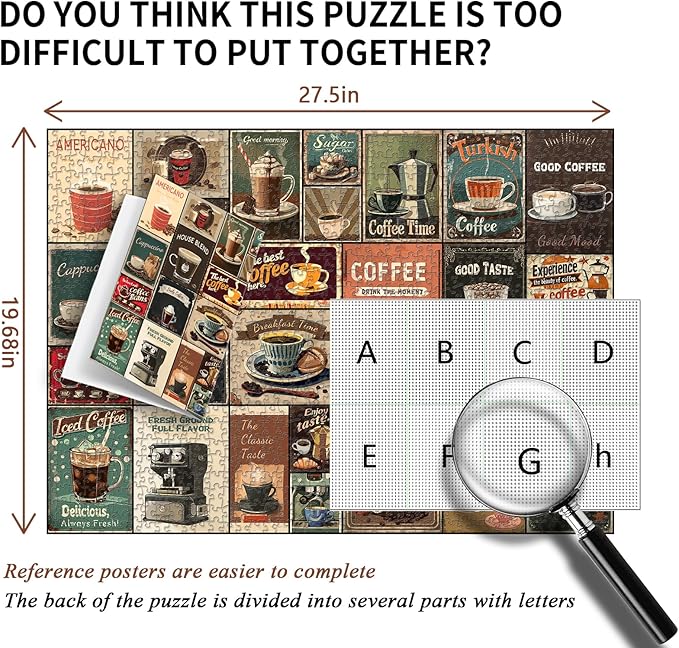 Vintage Coffee Collage Puzzles for Adults 1000 Pieces, PICKFORU Breakfast Food Jigsaw Puzzle Coffee Latte, Hard Difficult Retro Poster Theme for Home Wall Decor