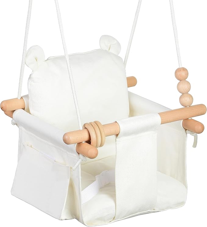 Canvas Baby Swing Seat Wooden Baby Hanging Swing Door Swing Baby Toddler Cream Indoor Baby swingSwing with Safety Belt and 2 Side Pockets for Indoor Playground Sport & Outdoor Play Toys