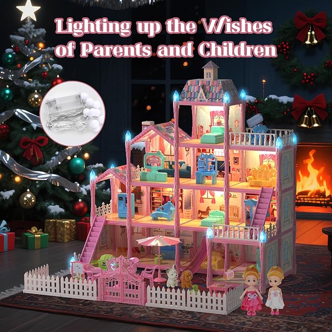 Doll House for Girls with Lights, 3 Dolls, 4 Floors -13 Rooms, 7 Sets of Furniture and Accessories, Design and Build Gift for 3 4 5 6 7 8+ Year Old Girls