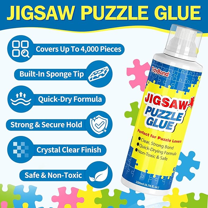 Jigsaw Puzzle Glue with Sponge Tip & Squeegee – Clear, Fast-Drying Puzzle Sealer for 1000/3000/5000 Piece Puzzles – Non-Toxic Adhesive for Paper & Wooden Jigsaw Puzzles – 200ML x 2 Pack