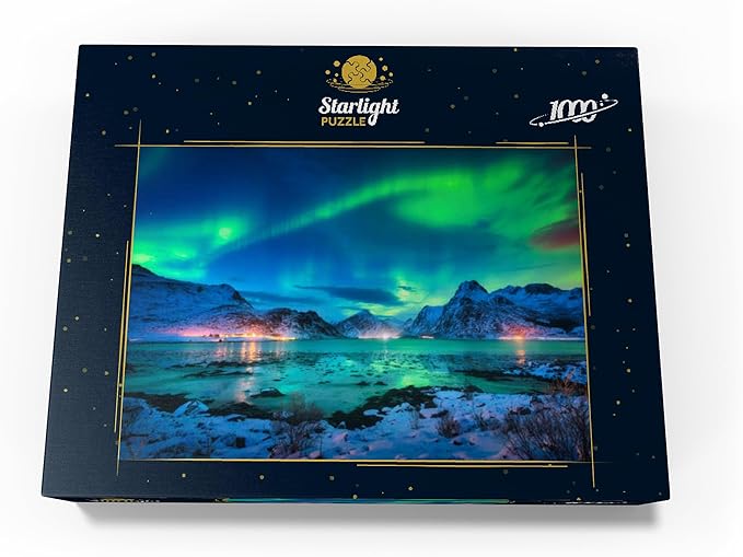 MyPuzzle Aurora Borealis Over Sea Coast, Lights At Night. Northern Lights On Lofoten Islands, Norway - Premium 1000 Piece Jigsaw Puzzle for Adults