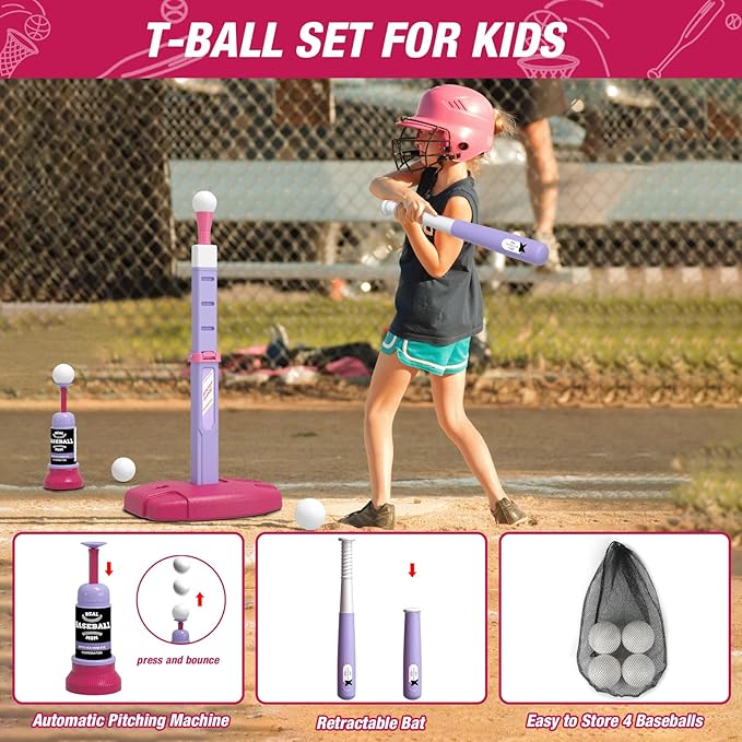 2 in 1 Toddler Basketball Hoop and T Ball Set with Automatic Pitching Machine - Adjustable Height, Kids Basketball Hoop Suit for Indoor/Outdoor, Sport Toys Gifts for Girls Age 3-8, Pink
