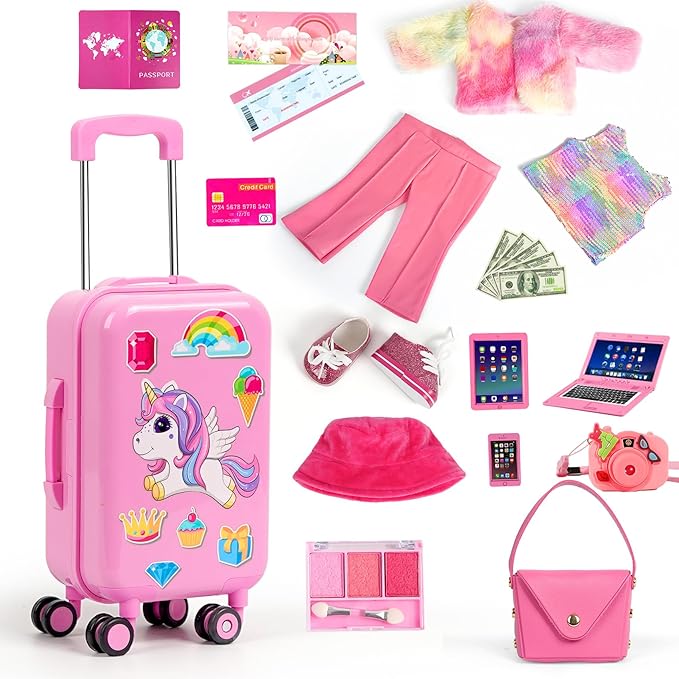 WONDOLL American 18 inch Doll Clothes and Accessories Girl-Travel Suitcase Luggage, Clothes and Shoes, Bag, Sunglasses, Camera, Passport, Notebook, Phone, pad Travel Gear Play Set(No Doll)