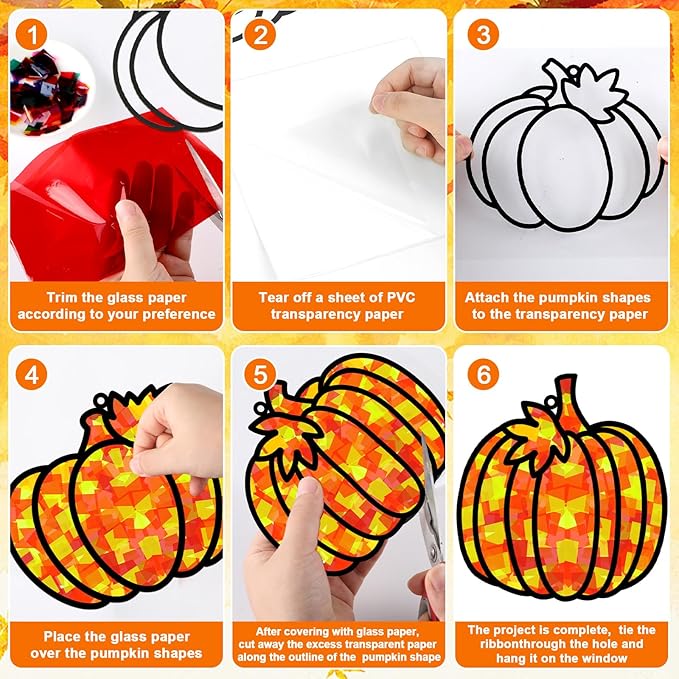32 Sets Pumpkin Suncatchers Craft Kit DIY Window Stained Glass Effect Fall Pumpkin Paper Crafts Home School Classroom Autumn Thanksgiving Decor Kid Birthday Gift Creative Art Project Activity Game