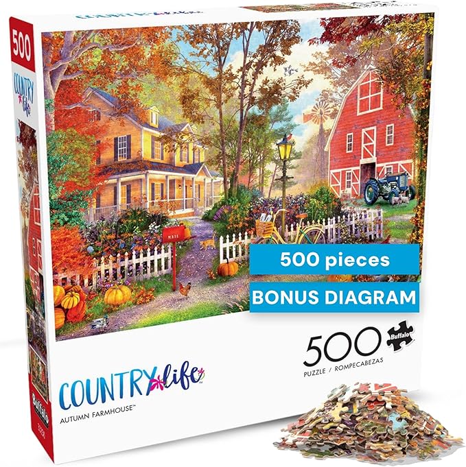 Buffalo Games - Autumn Farmhouse - 500 Piece Fall Jigsaw Puzzle for Adults - Cozy Seasonal Nature Artwork - Challenging Puzzle Perfect for Game Nights - Finished Size 21.25 x 15 - Made in the USA